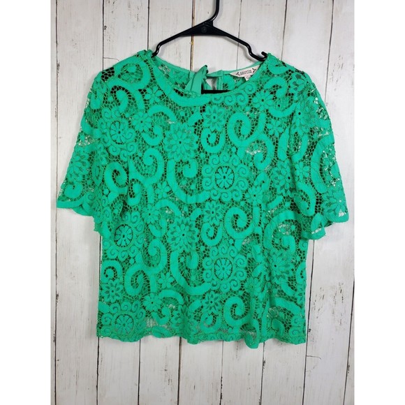 Nanette Lepore Green Lace Blouse Tie Back Women's Medium Short Sleeve Eyelet GUC - Picture 1 of 5